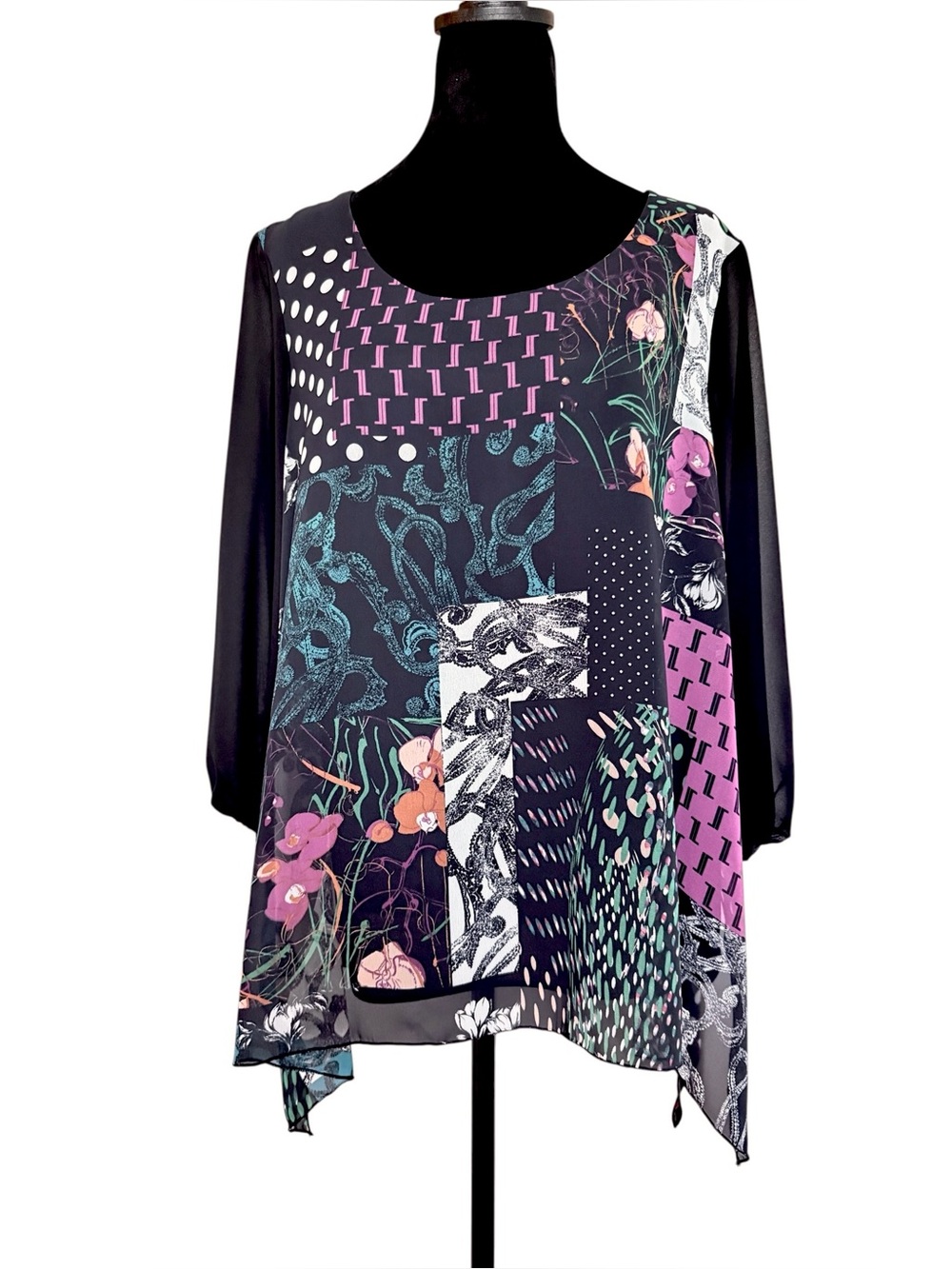 •Joseph Ribkoff Black Print Blouse Sz 8. Sheer 3/4 sleeves.Like New